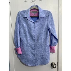 Hawes & Curtis Shirt UK 10 US 6 Blue Floral Pink Flip Cuff Preppy Country Club